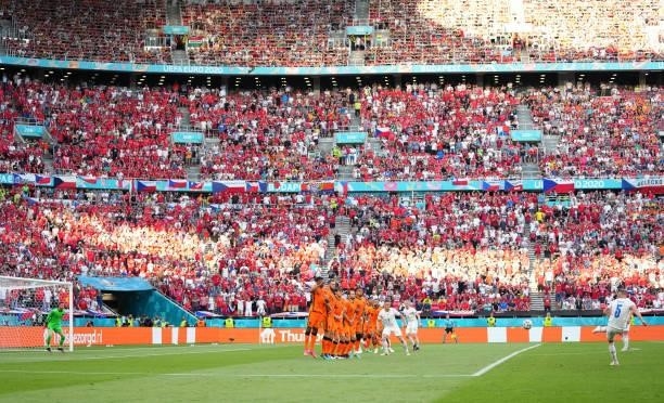 General view inside the stadium as Vladimir Coufal of Czech Republic takes a free kick during the UEFA Euro 2020 Championship Round of 16 match...