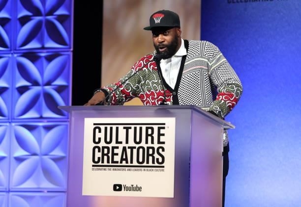 Baron Davis speaks onstage after receiving the Culture Creators Business Award at the Culture Creators Innovators & Leaders Awards at The Beverly...
