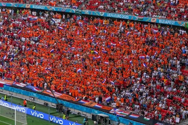 Part of the stadium with most Dutch supporters prior to the UEFA Euro 2020: Round of 16 match between Netherlands and Czech Republic at Puskas Arena...