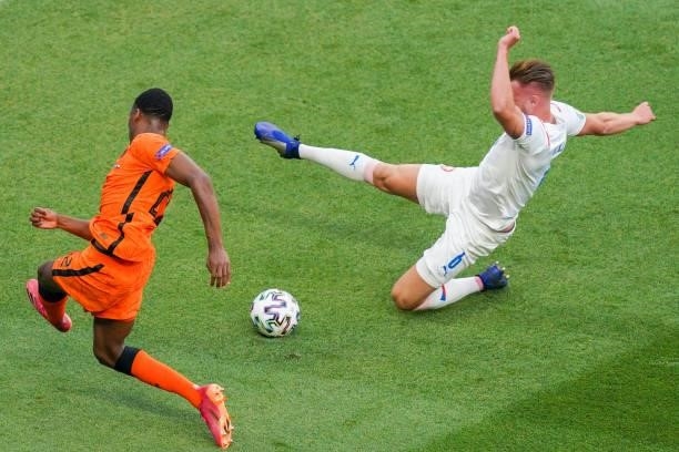 Denzel Dumfries of the Netherlands and Tomas Kalas of Czech Republic during the UEFA Euro 2020: Round of 16 match between Netherlands and Czech...