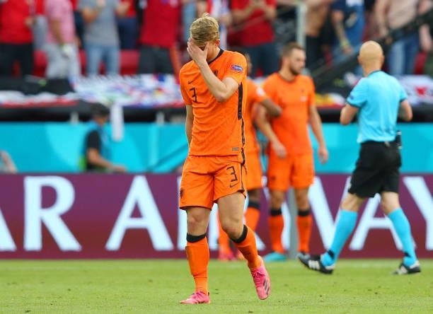 Matthijs de Ligt of Netherlands looks dejected after being shown a red card during the UEFA Euro 2020 Championship Round of 16 match between...