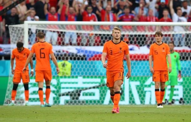 Matthijs de Ligt of Netherlands looks dejected after being shown a red card during the UEFA Euro 2020 Championship Round of 16 match between...