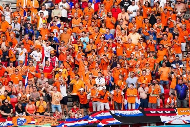 Supporters and fans of the Netherlands during the UEFA Euro 2020: Round of 16 match between Netherlands and Czech Republic at Puskas Arena on June...