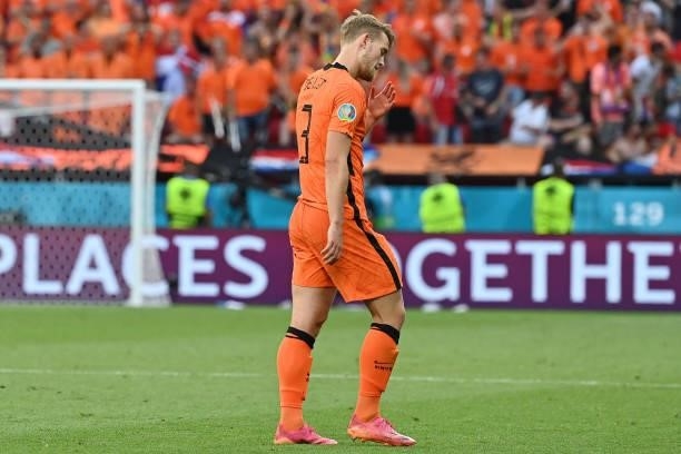 Matthijs de Ligt of Netherlands looks dejected as he leaves the field after being shown a red card following a VAR review during the UEFA Euro 2020...