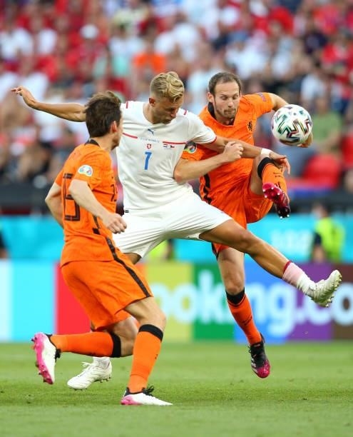 Daley Blind of Netherlands is challenged by Antonin Barak of Czech Republic during the UEFA Euro 2020 Championship Round of 16 match between...