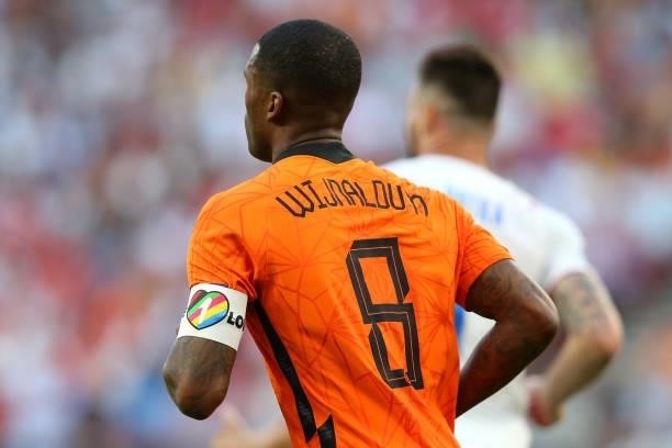 Detailed view of the 'LOVE' captains armband worn by Georginio Wijnaldum of Netherlands is seen during the UEFA Euro 2020 Championship Round of 16...