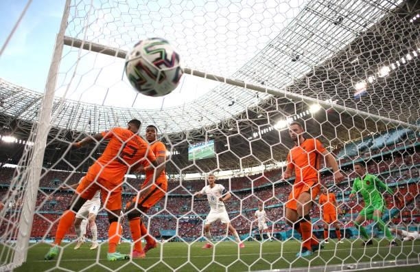 Denzel Dumfries and Stefan de Vrij of Netherlands look on as Tomas Holes of Czech Republic scores their side's first goal during the UEFA Euro 2020...