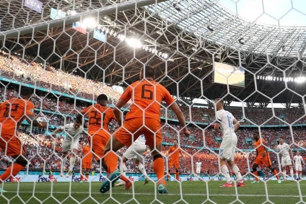 Tomas Holes of Czech Republic scores their side's first goal during the UEFA Euro 2020 Championship Round of 16 match between Netherlands and Czech...