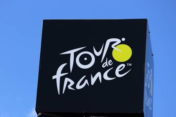 Tour de France logo during the 108th Tour de France 2021, Stage 2 a 183,5km stage from Perros-Guirec to Mûr-de-Bretagne Guerlédan 293m / Detail view...