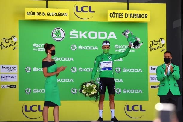 Julian Alaphilippe of France and Team Deceuninck - Quick-Step Green Points Jersey celebrates at podium during the 108th Tour de France 2021, Stage 2...