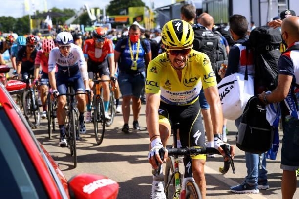 Julian Alaphilippe of France and Team Deceuninck - Quick-Step Yellow Leader Jersey at arrival during the 108th Tour de France 2021, Stage 2 a 183,5km...