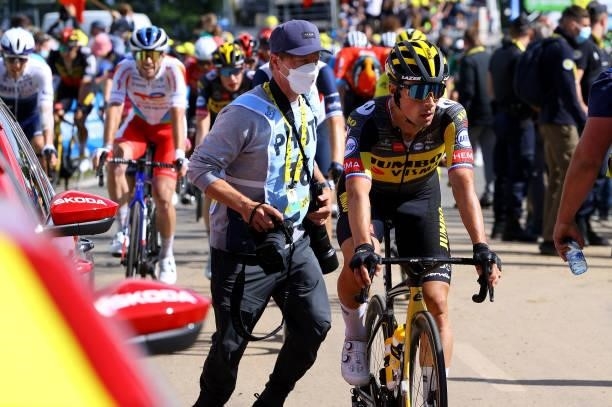 Primož Roglič of Slovenia and Team Jumbo-Visma at arrival during the 108th Tour de France 2021, Stage 2 a 183,5km stage from Perros-Guirec to...