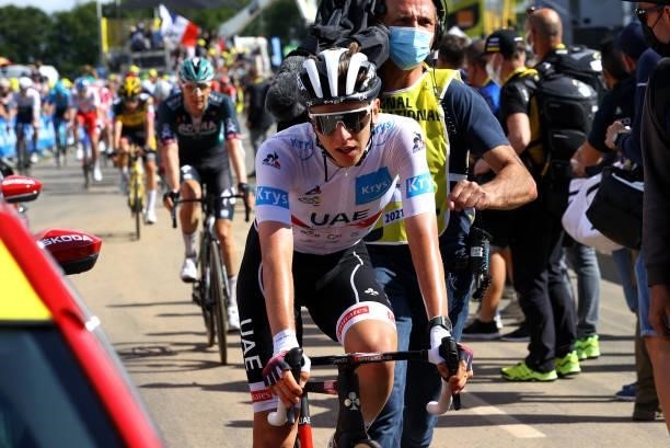 Tadej Pogačar of Slovenia and UAE-Team Emirates White Best Young Rider Jersey at arrival during the 108th Tour de France 2021, Stage 2 a 183,5km...