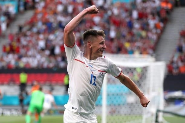 Lukas Masopust of Czech Republic celebrates their side's second goal scored by team mate Patrik Schick during the UEFA Euro 2020 Championship Round...