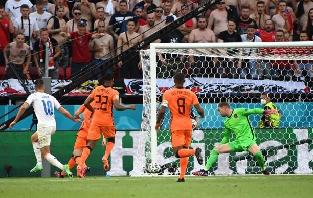 Patrik Schick of Czech Republic scores their side's second goal past Maarten Stekelenburg of Netherlands during the UEFA Euro 2020 Championship Round...
