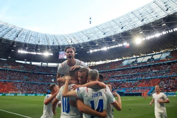 Patrik Schick of Czech Republic celebrates with team mates after scoring their side's second goal during the UEFA Euro 2020 Championship Round of 16...