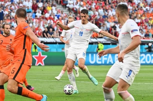 Patrik Schick of Czech Republic scores their side's second goal during the UEFA Euro 2020 Championship Round of 16 match between Netherlands and...