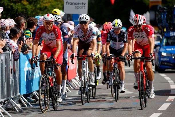 Christophe Laporte of France and Team Cofidis, Michael Schär of Switzerland and AG2R Citroën Team & Jesús Herrada of Spain and Team Cofidis during...