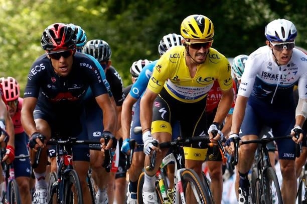 Richie Porte of Australia and Team INEOS Grenadiers & Julian Alaphilippe of France and Team Deceuninck - Quick-Step yellow leader jersey during the...