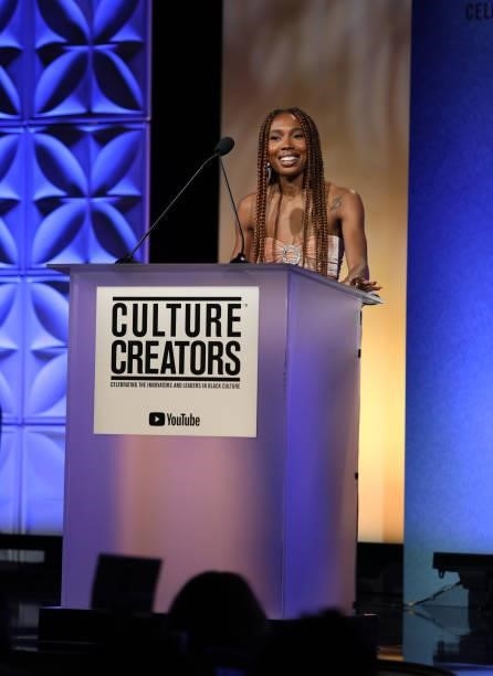Zerina Akers, recipient of the 2021 Culture Creators Fashion award speaks during the Culture Creators Innovators & Leaders Awards at The Beverly...