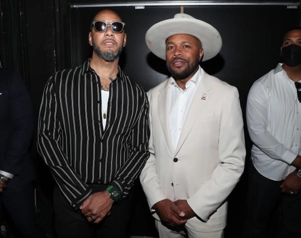 Swizz Beatz and D-Nice pose backstage at the Culture Creators Innovators & Leaders Awards at The Beverly Hilton on June 26, 2021 in Beverly Hills,...