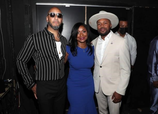 Swizz Beatz, Joi Brown and D-Nice pose backstage at the Culture Creators Innovators & Leaders Awards at The Beverly Hilton on June 26, 2021 in...