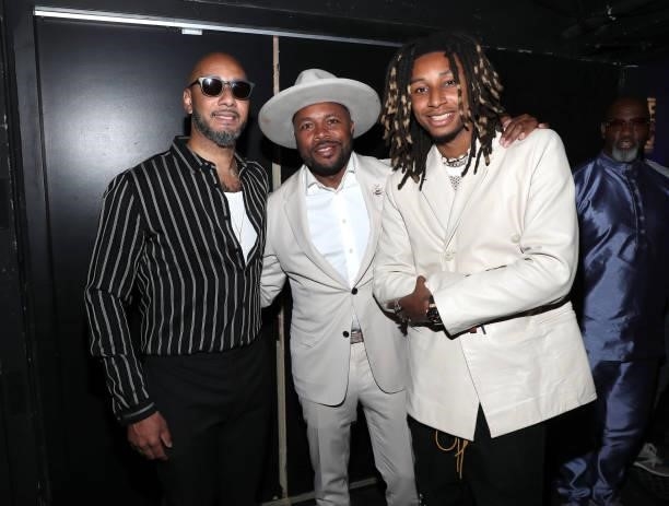 Swizz Beatz, D-Nice and Nasir Dean pose backstage at the Culture Creators Innovators & Leaders Awards at The Beverly Hilton on June 26, 2021 in...