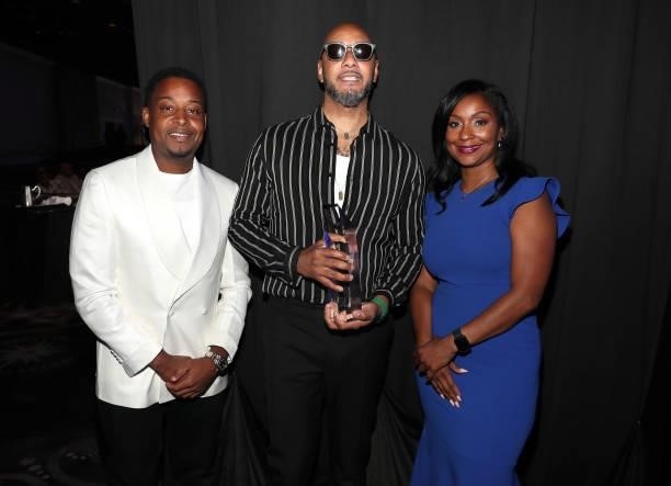Courtney Lowery, Swizz Beatz and Joi Brown pose backstage at the Culture Creators Innovators & Leaders Awards at The Beverly Hilton on June 26, 2021...