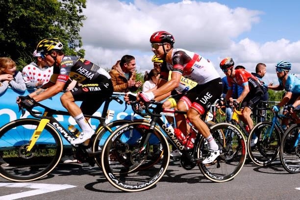 Primož Roglič of Slovenia and Team Jumbo-Visma & Davide Formolo of Italy and UAE-Team Emirates during the 108th Tour de France 2021, Stage 2 a...