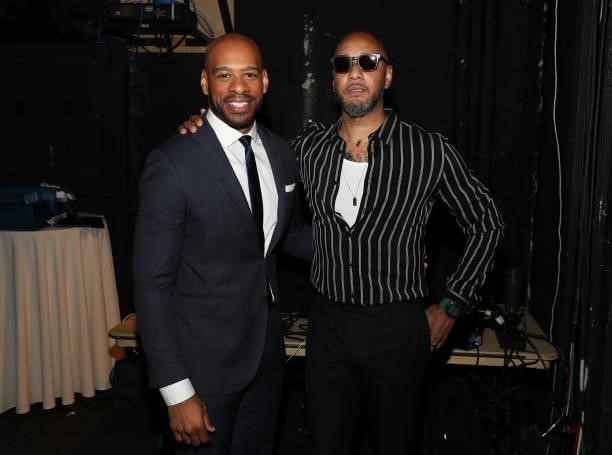 Demarco Morgan and Swizz Beatz pose backstage at the Culture Creators Innovators & Leaders Awards at The Beverly Hilton on June 26, 2021 in Beverly...