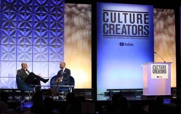 Swizz Beatz, recipient of the 2021 Culture Creators Icon Award and Host Demarco Morgan speak onstage at the Culture Creators Innovators & Leaders...