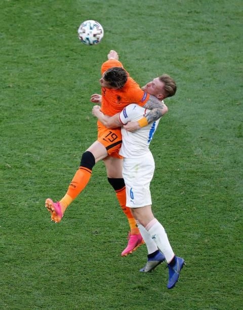 Wout Weghorst of Netherlands battles for possession with Tomas Kalas of Czech Republic during the UEFA Euro 2020 Championship Round of 16 match...