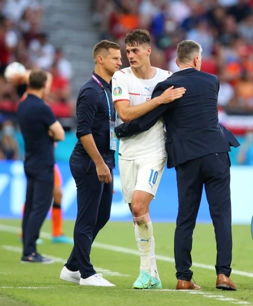 Patrik Schick of Czech Republic is congratulated by Jaroslav Silhavy, Head Coach of Czech Republic after being substituted during the UEFA Euro 2020...