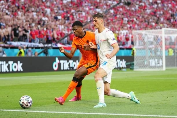 Denzel Dumfries of Netherlands battles for possession with Patrik Schick of Czech Republic during the UEFA Euro 2020 Championship Round of 16 match...