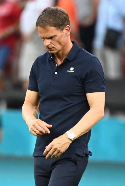 Frank de Boer, Head Coach of Netherlands looks dejected following defeat in the UEFA Euro 2020 Championship Round of 16 match between Netherlands and...
