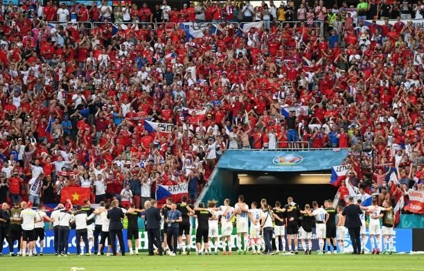 Fans of Czech Republic show their support towards the players after during the UEFA Euro 2020 Championship Round of 16 match between Netherlands and...