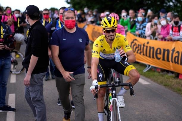 Julian Alaphilippe of France and Team Deceuninck - Quick-Step yellow leader jersey disappointment during the 108th Tour de France 2021, Stage 2 a...