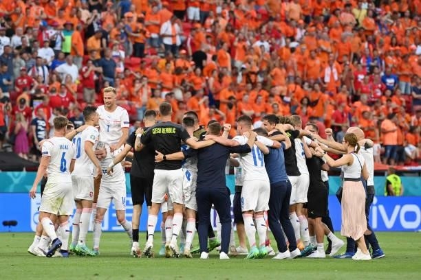 Players of Czech Republic celebrate after victory in the UEFA Euro 2020 Championship Round of 16 match between Netherlands and Czech Republic at...