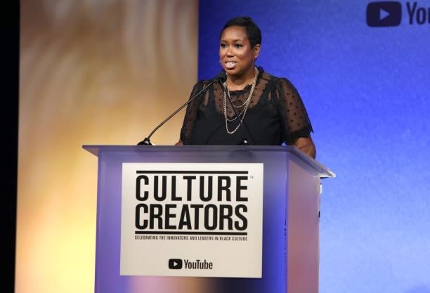 Stefanie Brown James, recipient of the 2021 Culture Creators Social Justice Award speaks onstage at the Culture Creators Innovators & Leaders Awards...
