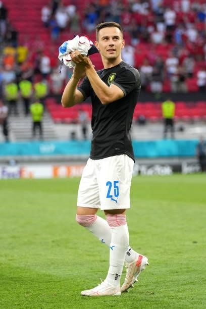 Jakub Pesek of Czech Republic applauds the fans following victory in the UEFA Euro 2020 Championship Round of 16 match between Netherlands and Czech...