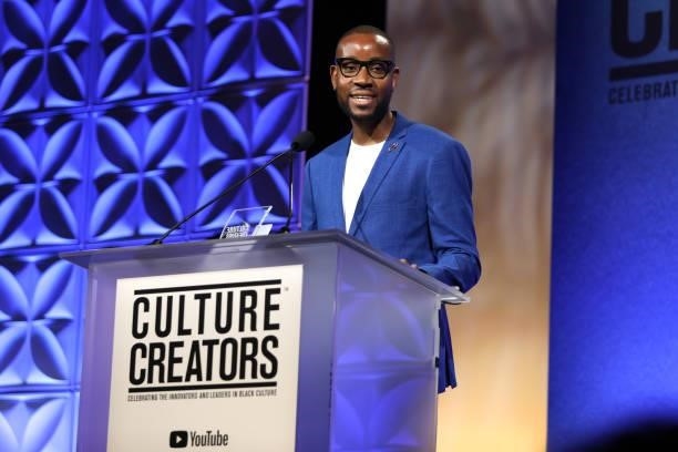 Kudzi Chikumbu, recipient of the 2021 Culture Creators Tech Award speaks onstage at the Culture Creators Innovators & Leaders Awards at The Beverly...