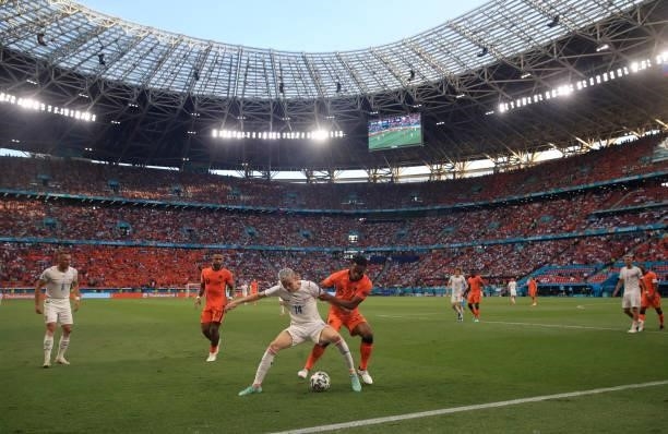 General view inside the stadium as Jakub Jankto of Czech Republic battles for possession with Jurrien Timber of Netherlands during the UEFA Euro 2020...