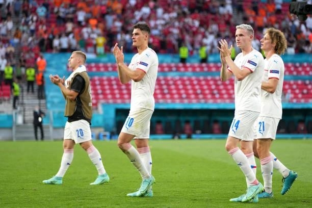 Matej Vydra, Patrik Schick and Jakub Jankto of Czech Republic applaud the fans after the UEFA Euro 2020 Championship Round of 16 match between...