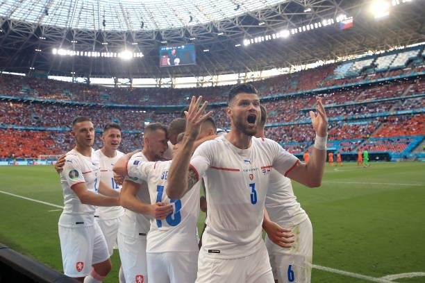 Ondrej Celustka of Czech Republic celebrates their side's first goal scored by team mate Tomas Holes during the UEFA Euro 2020 Championship Round of...