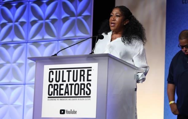 Jeanine McClean, recipient of the 2021 Culture Creators Music Award speaks onstage at the Culture Creators Innovators & Leaders Awards at The Beverly...