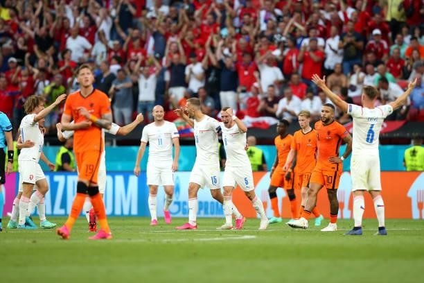 Tomas Soucek and Vladimir Coufal of Czech Republic celebrate after victory in the UEFA Euro 2020 Championship Round of 16 match between Netherlands...