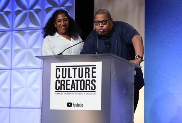 Jeanine McClean and Jeff Robinson, recipients of the 2021 Culture Creators Music Award speaks onstage at the Culture Creators Innovators & Leaders...
