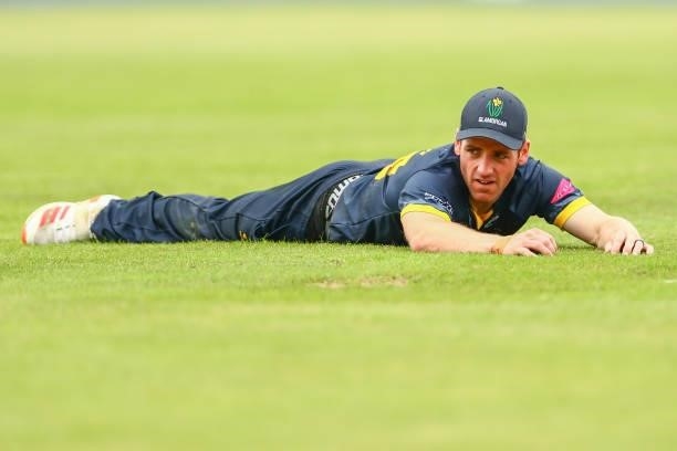 David Lloyd of Glamorgan looks dejected during the Vitality Blast T20 match between Middlesex and Glamorgan at Radlett Cricket Club on June 27, 2021...
