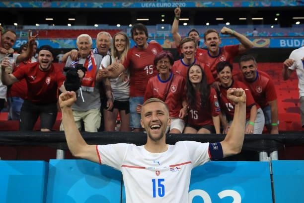 Tomas Soucek of Czech Republic poses for a photograph with fans of Czech Republic after the UEFA Euro 2020 Championship Round of 16 match between...