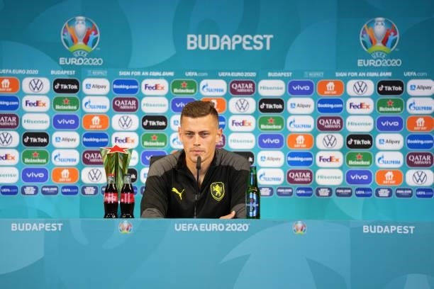 In this handout picture provided by UEFA, Tomas Holes of Czech Republic speaks to the media during the XXXXXX Press Conference after the UEFA Euro...